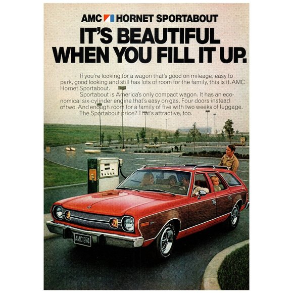 1974 AMC American Motors Hornet Sportabout Vintage Print Ad Gas Station Wall Art - Picture 1 of 1